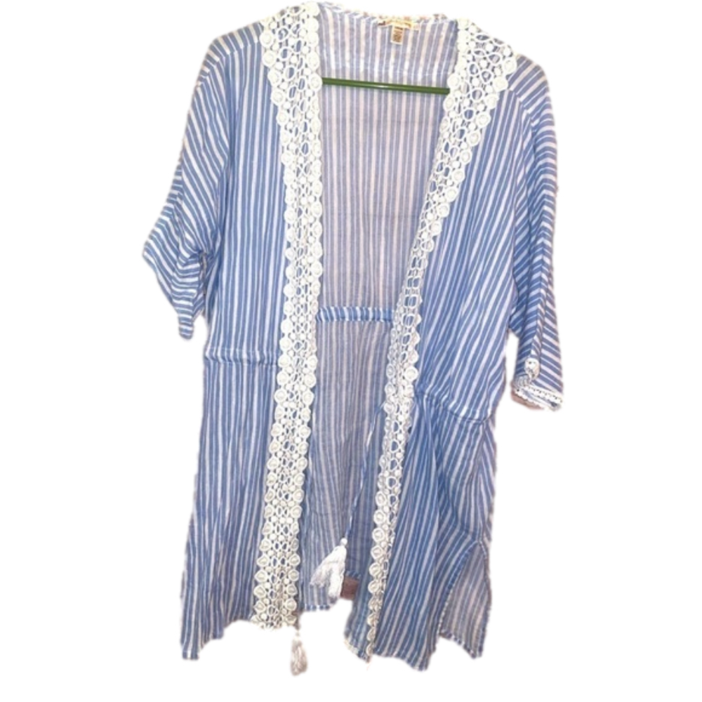 Rise & Bloom Women's Kaftan Sleeve Resort Stripes Blue Cover-Up Blue Size Small